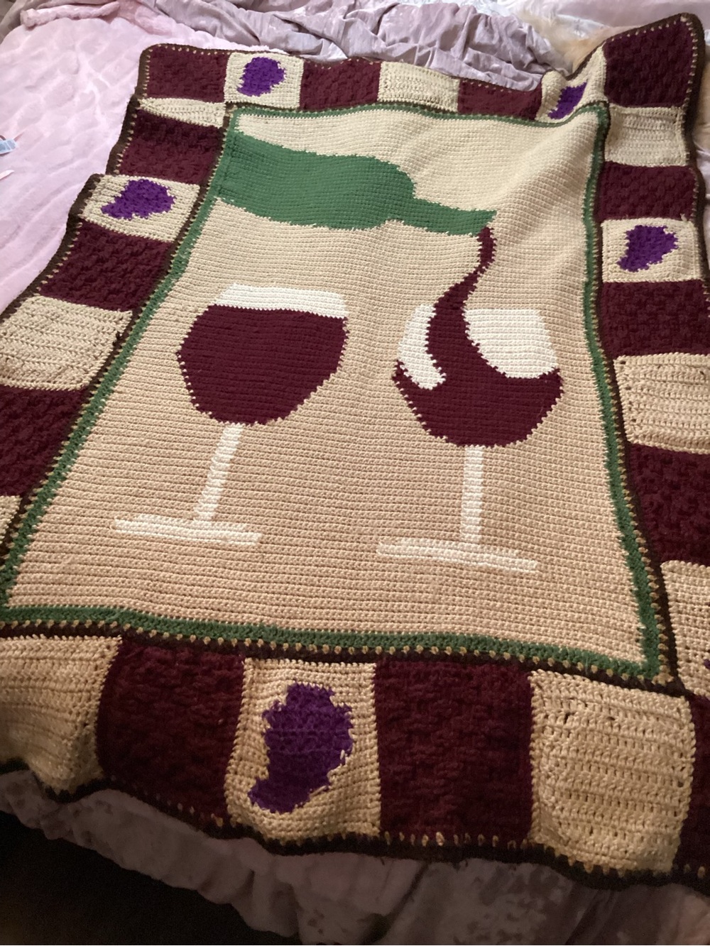 Crocheted Wine-Themed Throw Blanket in Burgundy, Cream & Green